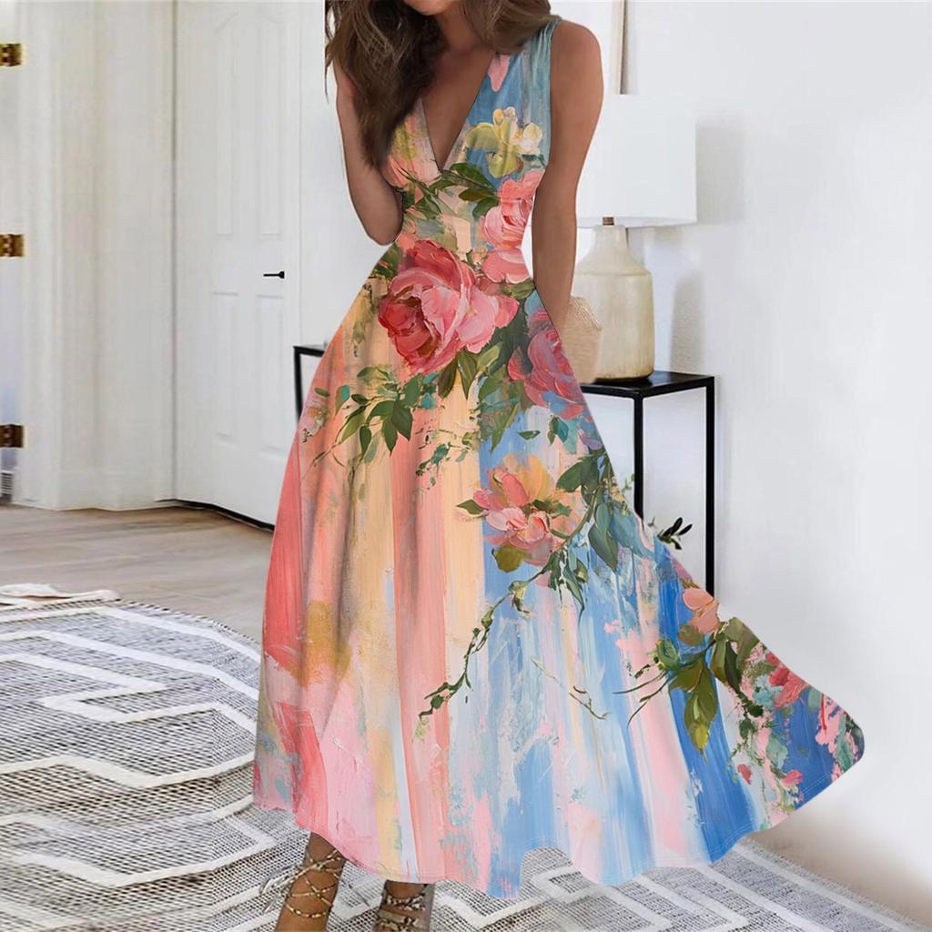 Women's Summer Fashion Retro Print V-Neck Sleeveless Long Dress