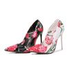 Neue Mode Rose Blume sexy einzelne Schuhe flacher Ausschnitt hohe Absätze Stahlrohr Stiletto 3D Farbdruck