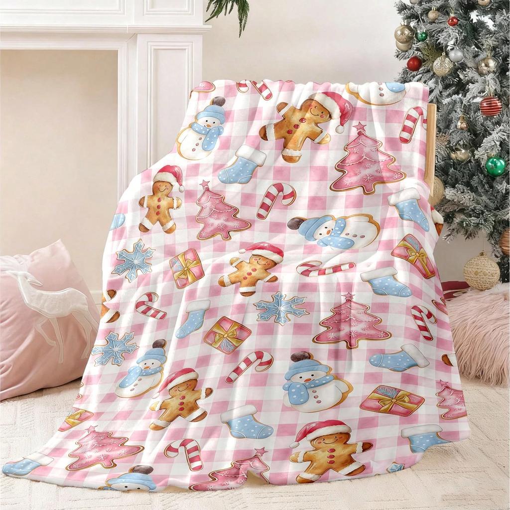 1pc Christmas Pink Bow & Tree Flannel Blanket, 2D Flat Print, Multi-Season for Bedroom, Living Room & Camping