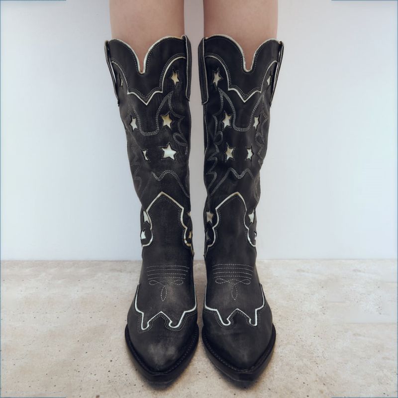 Fashion IPPEUM Western Cowboy Boots Star Leather Black 2024 New In Women Wide Calf Chunky Heel Girl Shoes Cowgirl Plus Size 43