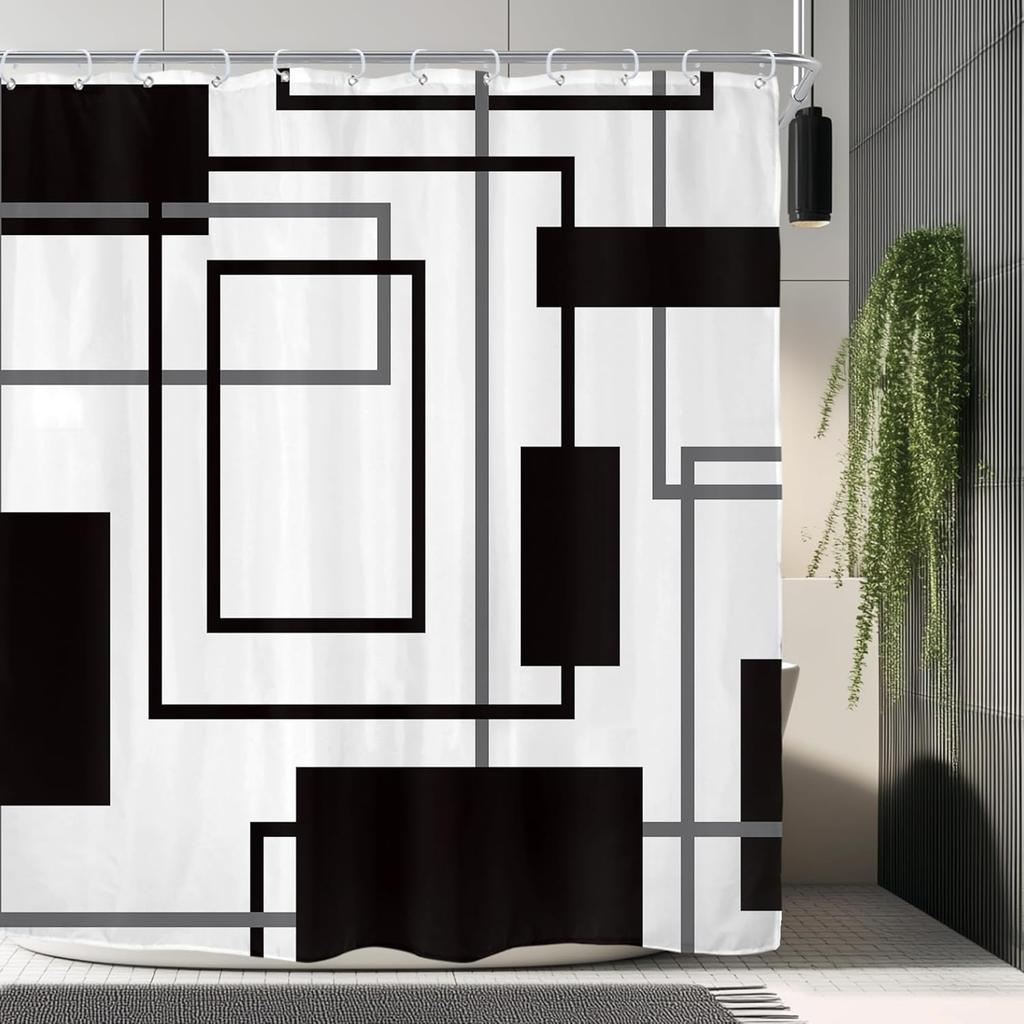 Black and White Checkered Wave Stripe Geometric Shower Curtain Bathroom Waterproof Polyester Curtain with Hook Home Decor