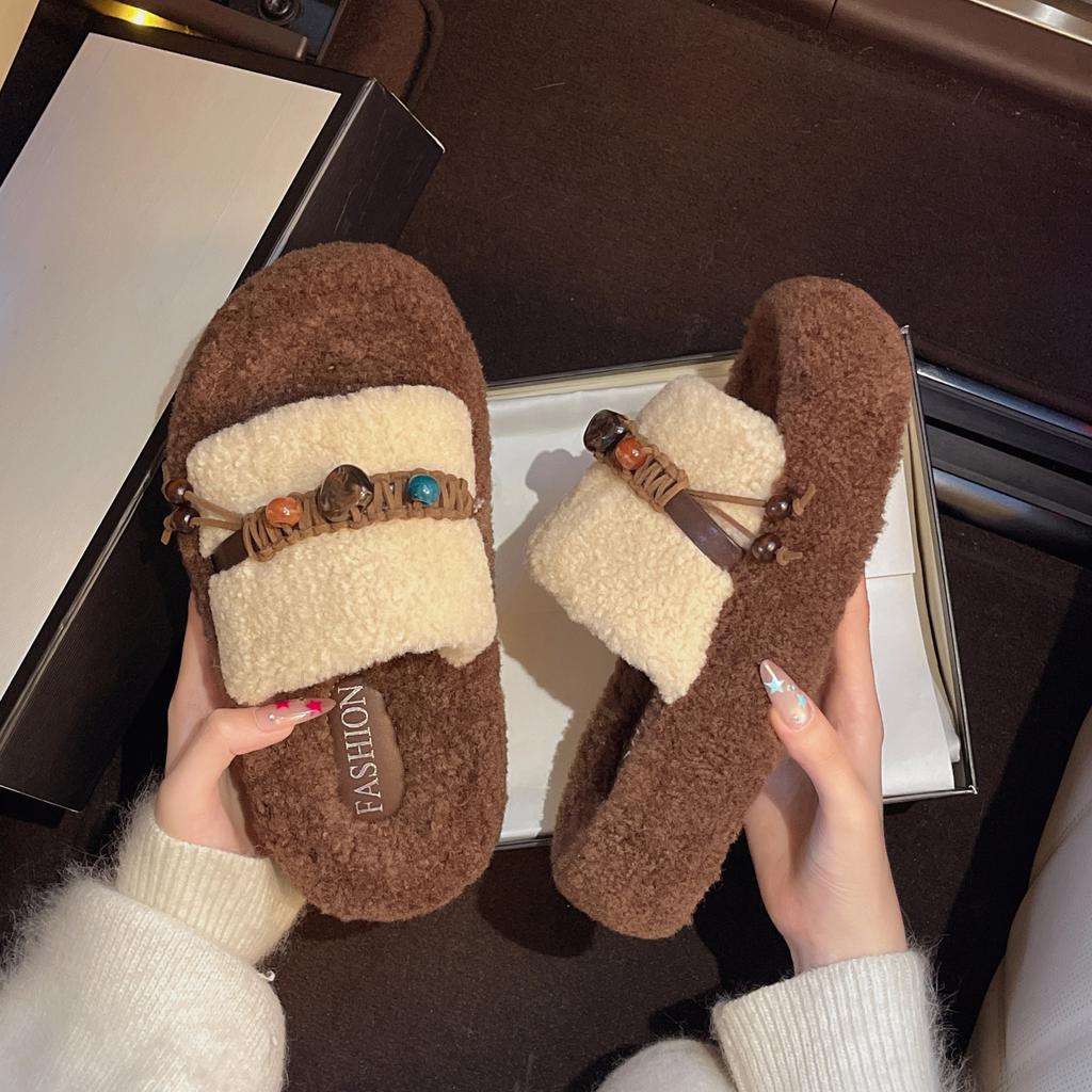 Home Lamb Wool New Autumn and Winter Cotton Slippers Thick-soled Fluffy Slippers Women's Wear Feels Warm