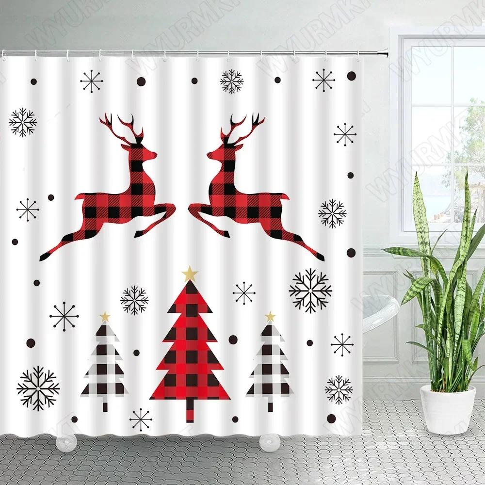 Christmas Shower Curtains Creative Xmas Tree Elk Snowflake Buffalo Plaid New Year Holiday Fabric Bathroom Decor Bath Curtai.