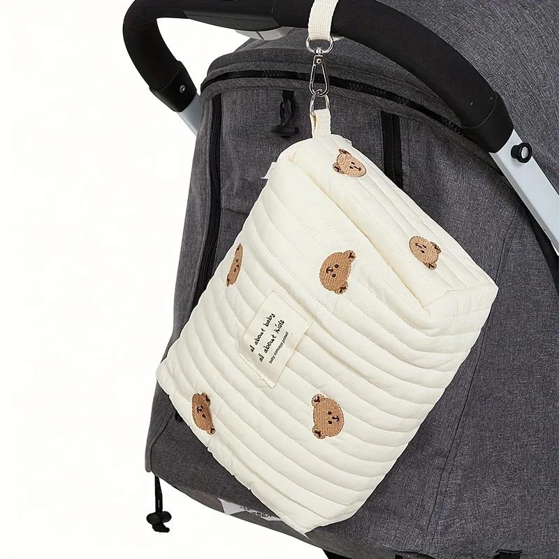 22X16X9CM Baby Carriage Bag - Cute Bear Diaper Storage Bag Portable Easy-to-Clean Zipper Embroidery Multifunctional Mommy Bag