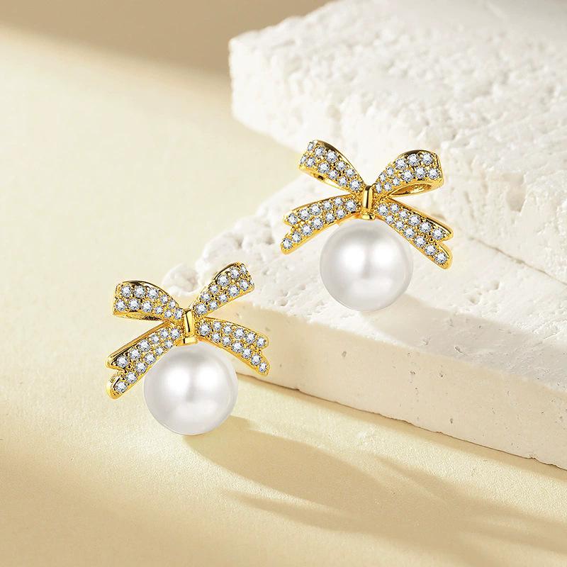 Elegant Micro-inlaid Zircon Bow Pearl Stud Earrings for Women - Versatile and Fashionable Accessories