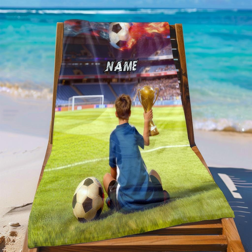 Custom Soccer Beach Towel Personalized Name Football Trophy 160x80cm Microfiber Bath Towels All Season Soft Absorbent Blanket