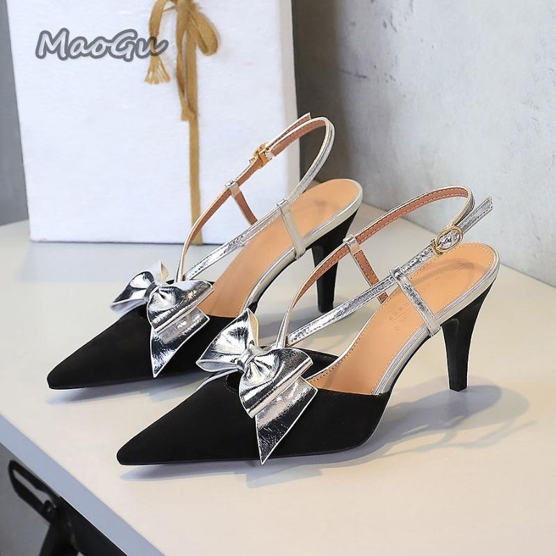 

Модные французские банкетные туфли из замши с острым носком, на высоком каблуке, с ремешком на щиколотке в виде банта, туфли для платья, туфли-лодочки на высоком каблуке 8 см, элегантные женские туфли 40 серебряный