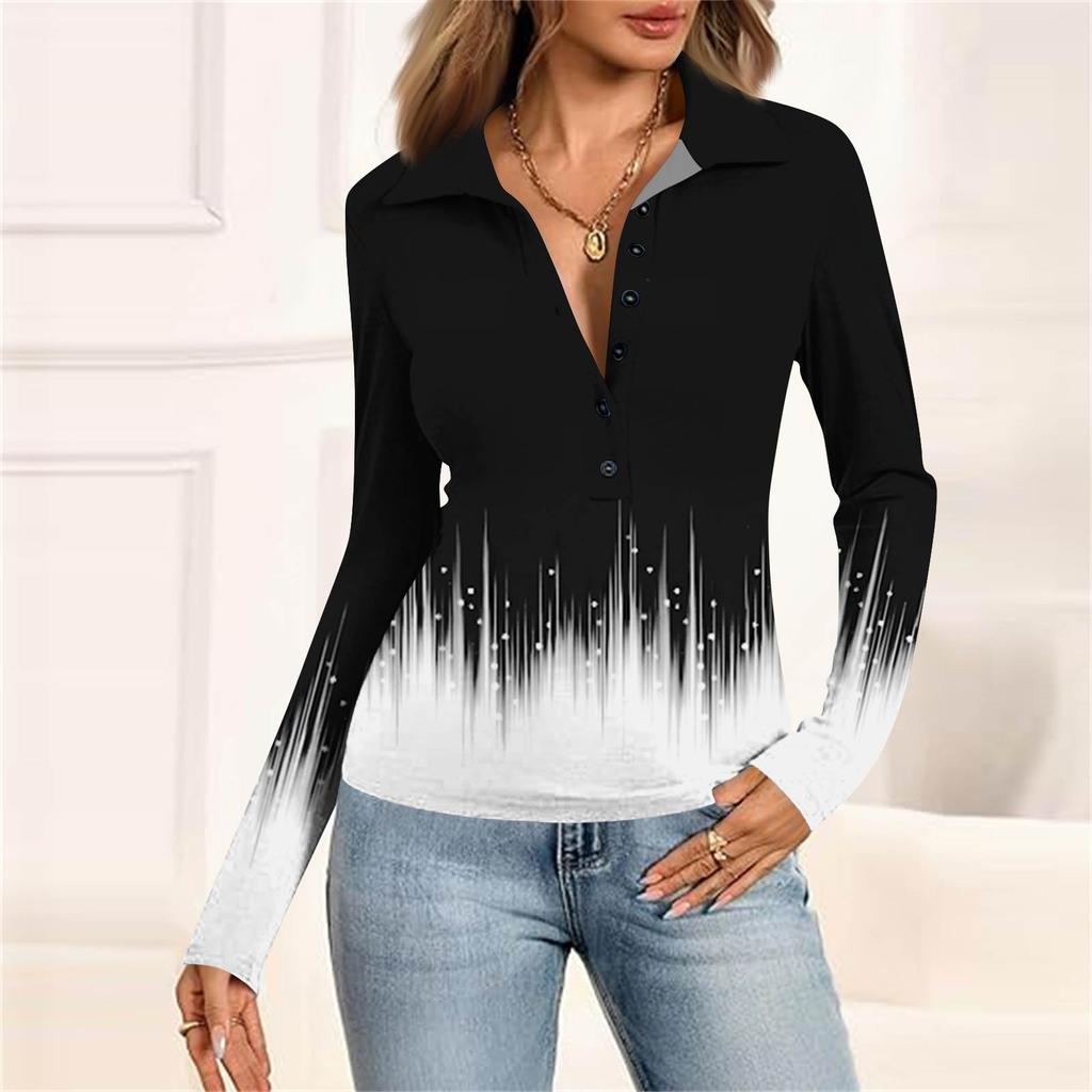Damenmode Lässig Bedrucktes V-Ausschnitt Langarm Knopfleiste Oberteil