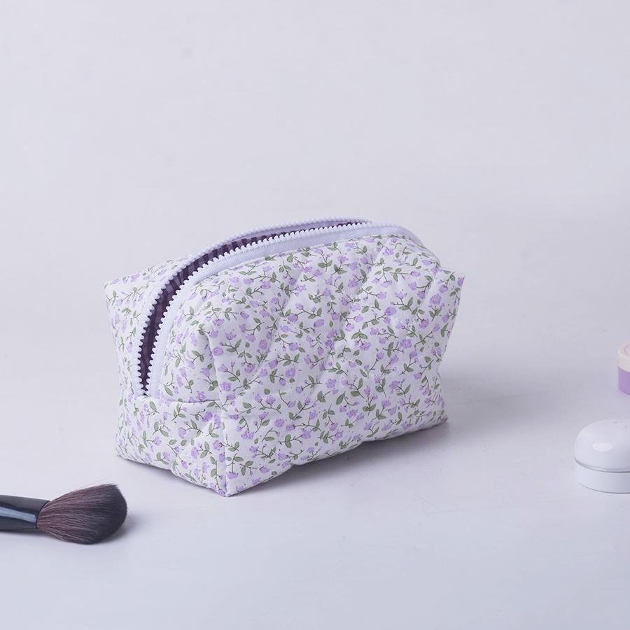 Storage Organizer Floral Puffy Quilted Makeup Bag Flower Printed Cosmetic Pouch Large Travel Cosmetic Bag Makeup Accessory
