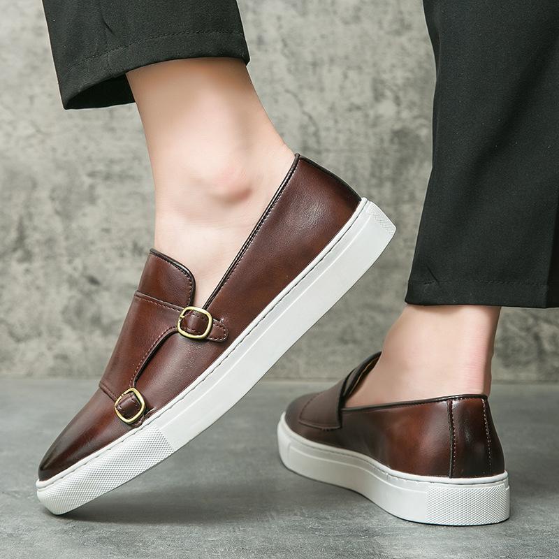 Designer New Shoes for Men Leather Casual Shoes British Style Concise Monk Strap Shoes Street Cool Slip-on Loafers