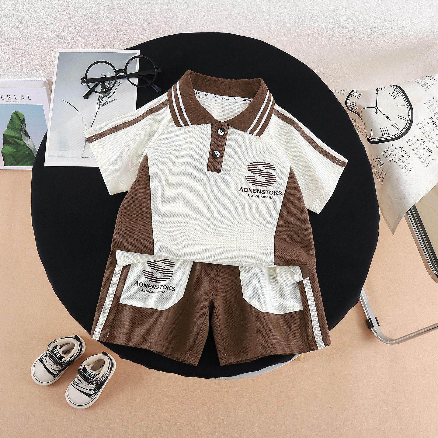 2026 Boys  Summer Letter Lapel Suit: Short-Sleeve Shirt & Baby Shorts Set 90cm кофейный