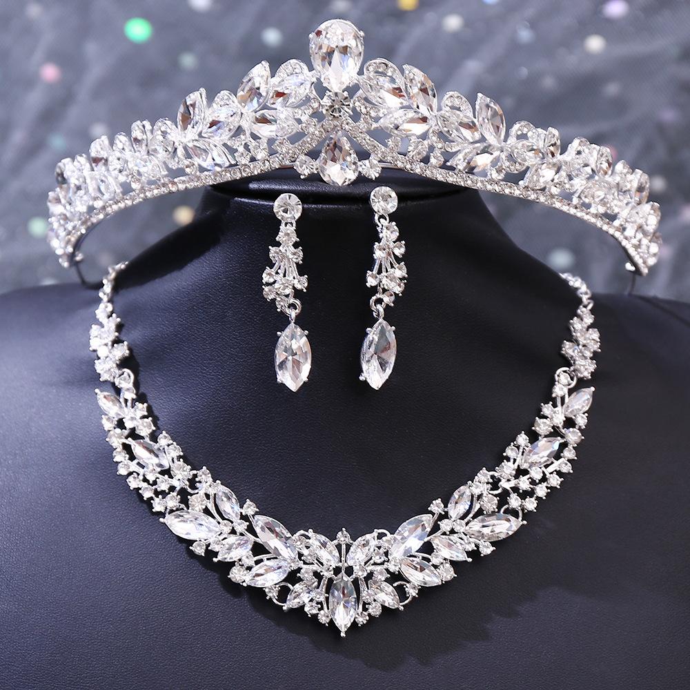 DIEZI 5 Farben Luxus Kristall Diadem Halskette Ohrringe Für Frauen Hochzeitsparty Elegant Braut Braut Strass Krone Accessoires