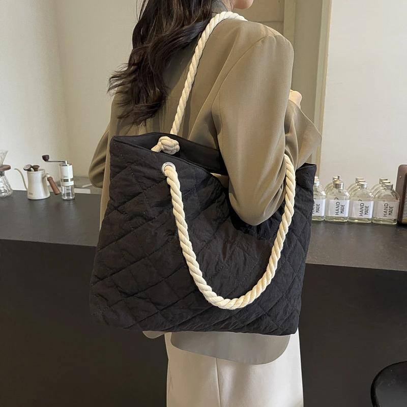 High capacity practical versatile unique youth shoulder bag new simplicity leisure diamond grid cotton clothes large bag