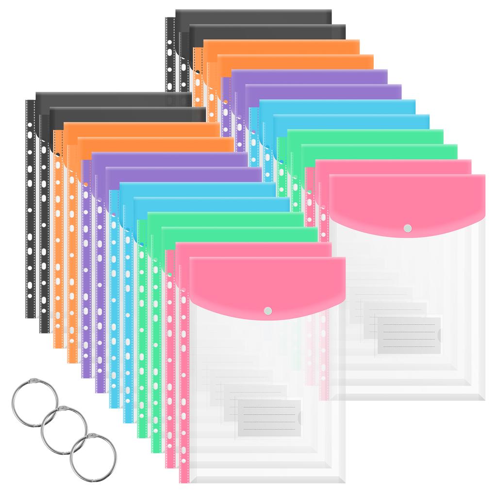 24 Pcs A4 Binder Pocket Organizer Folders Expandable Waterproof Envelopes Binder Folders Clear Snap Button For School Office