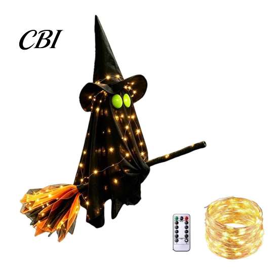 Waterproof Haunted House Supplies Halloween Flying Ghost with Witch Broom, Large Lighted Hanging Decoration Outdoor Yard Party Decor Hat for