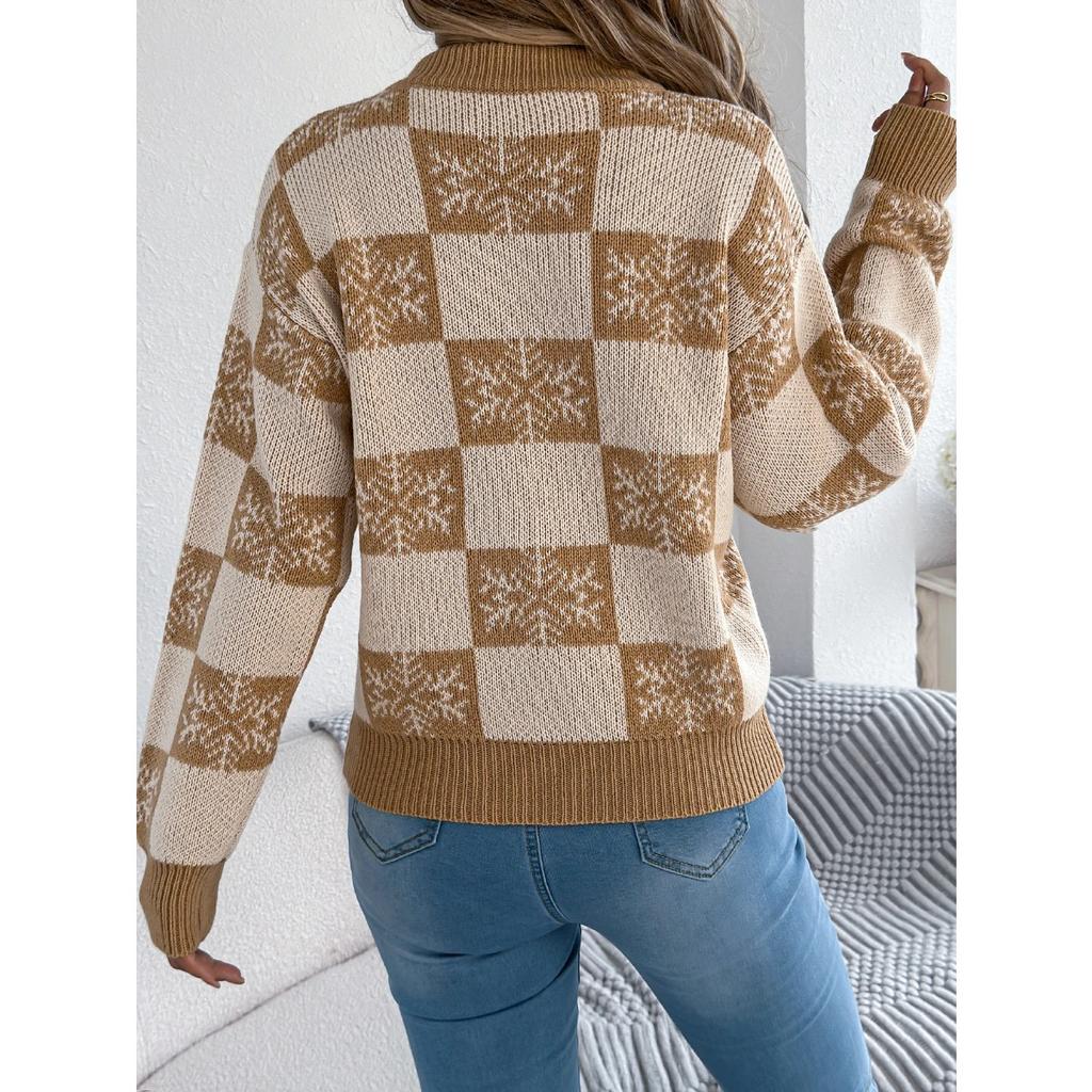Autumn Winter Snowflake Checkered Knitted Sweaters Lantern Pullover Sweater Women's Christmas Sweater