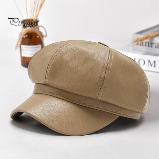 Women Beret Hat Spring Summer Retro Solid Color Faux Leather Short Brim Decorative Sun Protection Anti-UV Breathable Lady Painter Unisex Octagonal Cap