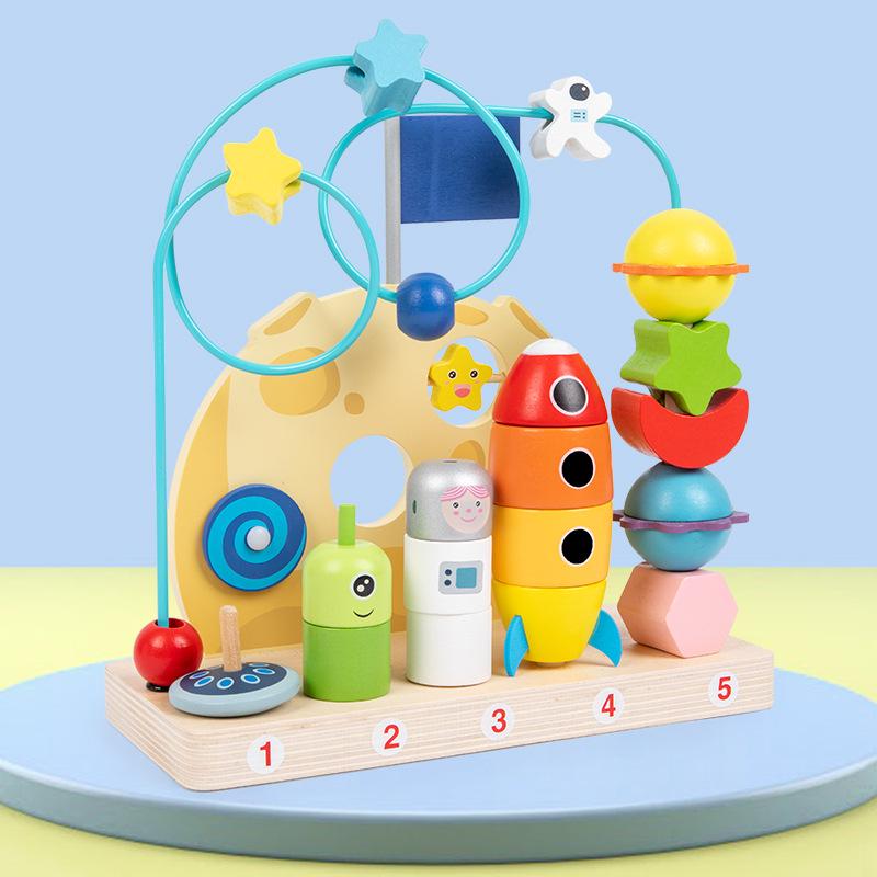 Wooden Space-Themed Bead Rolling Educational Stacking Toy for Children
