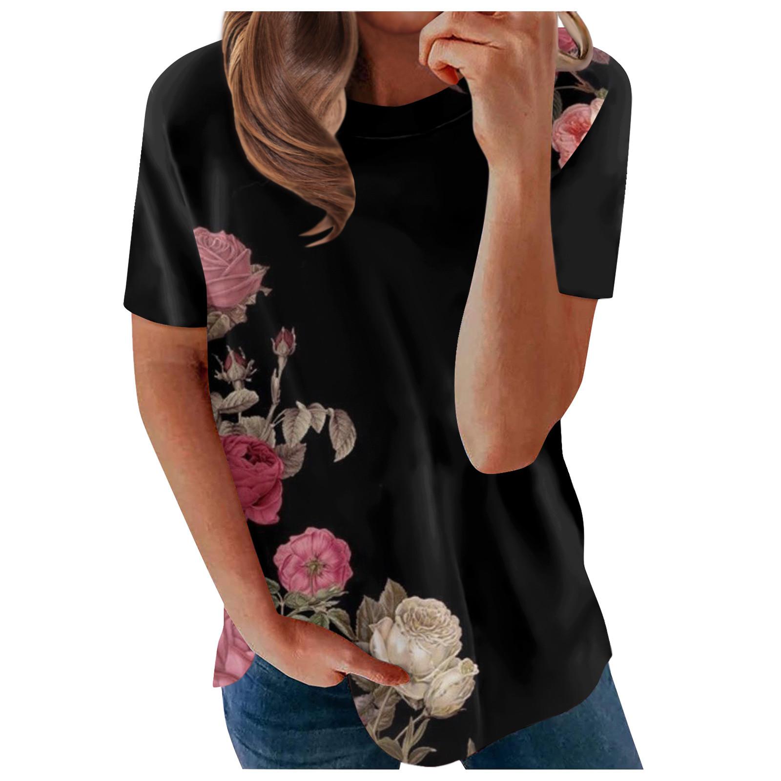 Women s Printed Short Sleeves Round Neck Vintage Short Sleeves Summer Loose Tops Tops Women s Summer T-Shirts L розовый