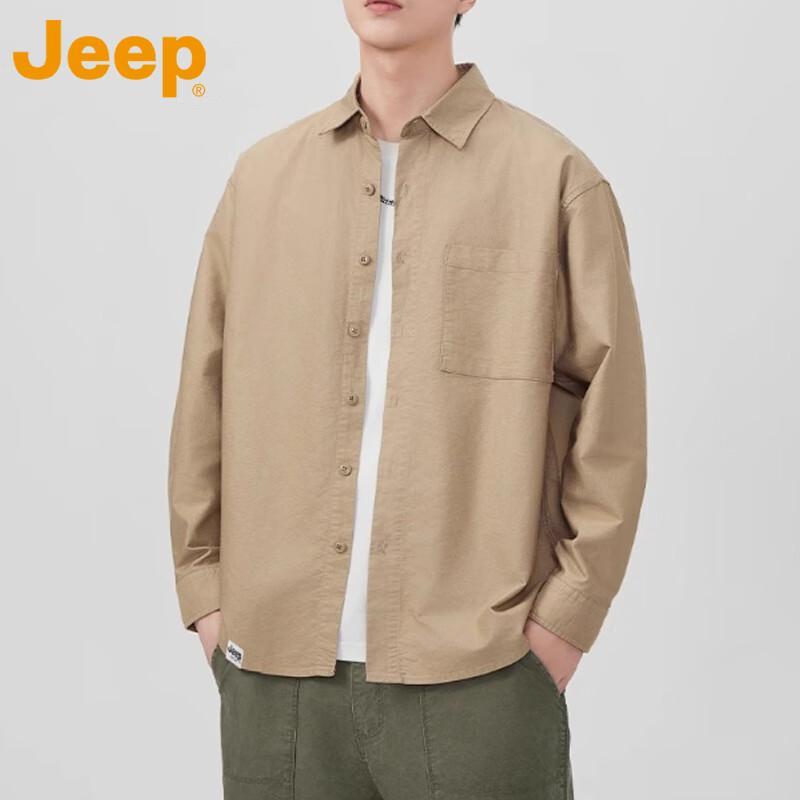 JEEP Men's American Style Loose Fit Pure Cotton Long Sleeve Lapel Shirt