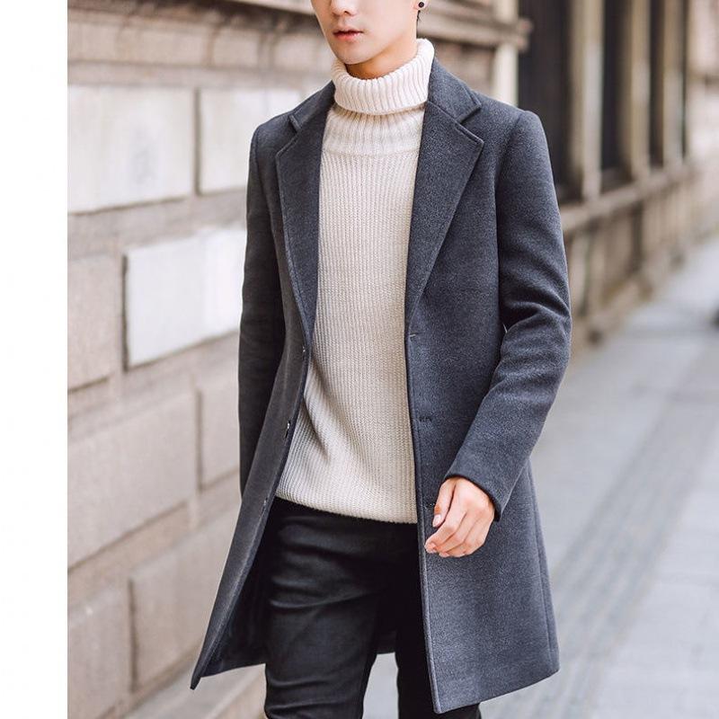 Jarní a podzimní kabát Pánský trenčkot Středně dlouhý a dlouhý kabát Pánský mladistvý Korejská verze Vypasovaný vlněný kabát Kabát Pánský trenčkot