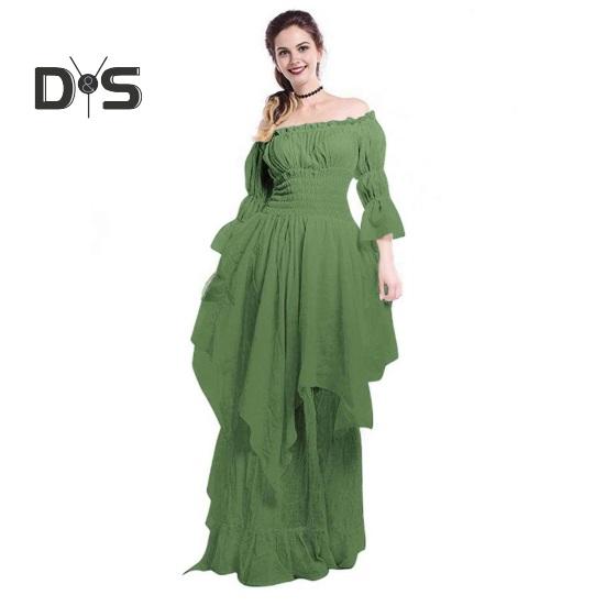 Robe de Bal Gothique pour Femmes, épaules dénudées, Manches Longues en Corne, Couches irrégulières plissées, Taille élastique serrée, Couleur Unie rétro Renaissance fête Bal Maxi