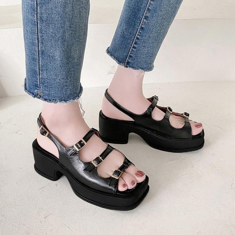 2024 Spring New Thick Sole Thick Heel Open Toe Roman Casual Sandals with Buckle Square Head Fashion Comfortable Women's Shoes