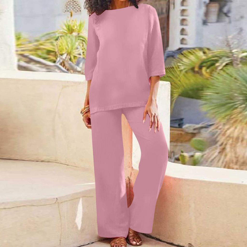 Women's Casual Top Wide Leg Pants Set Cotton Linen Pants Top Two-piece Set
