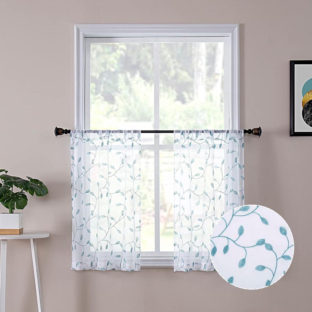 Tollpiz Leaves Short Sheer Curtain Sage Green Leaf Embroidery Living Room Curta Rod Pocket Voile Faux Linen Embroidered Leaves Curtain for Bedroom,
