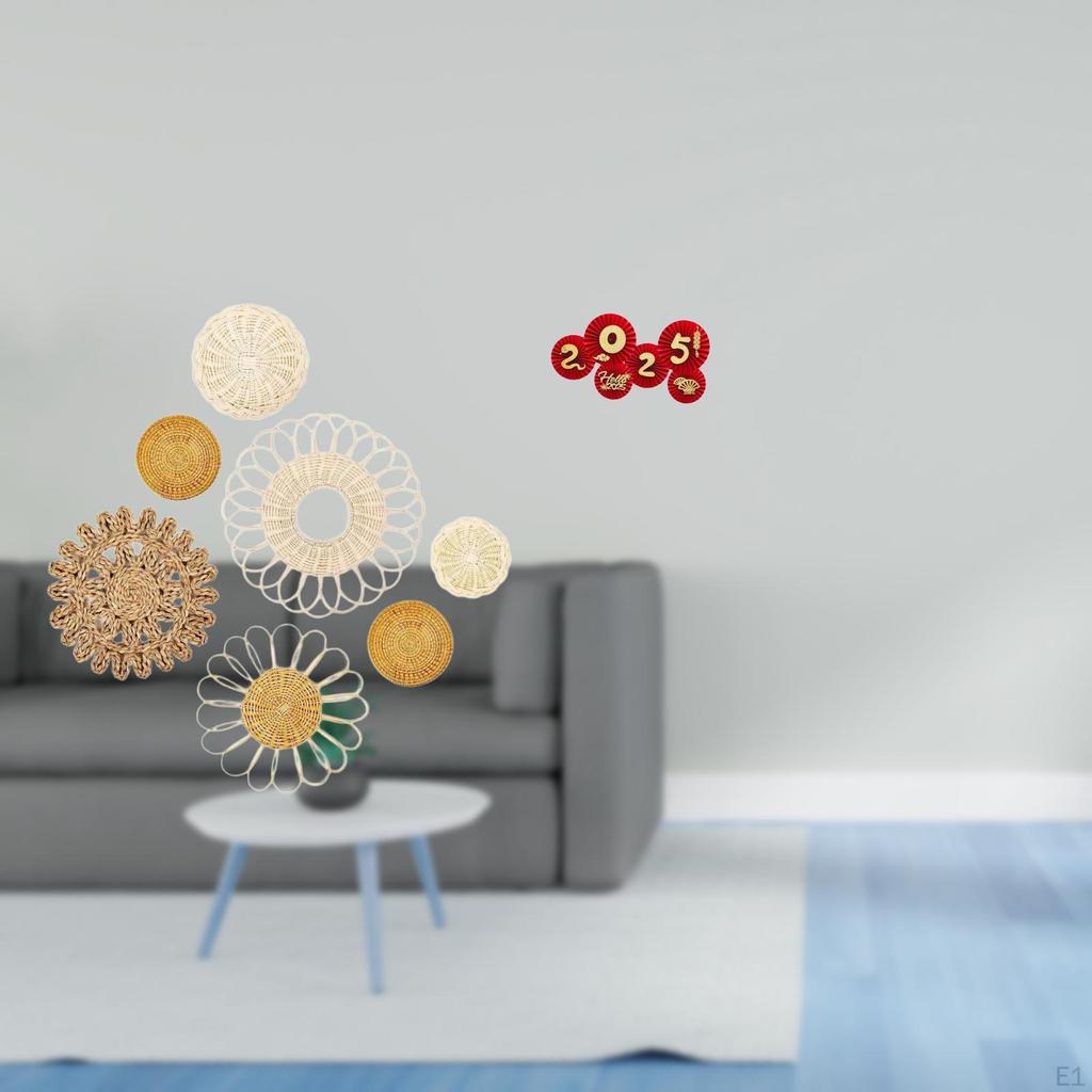 Rattan Woven Wall Art And Chinese Year Paper Fan Decorations for Tea Room Hallway Bedroom Porch