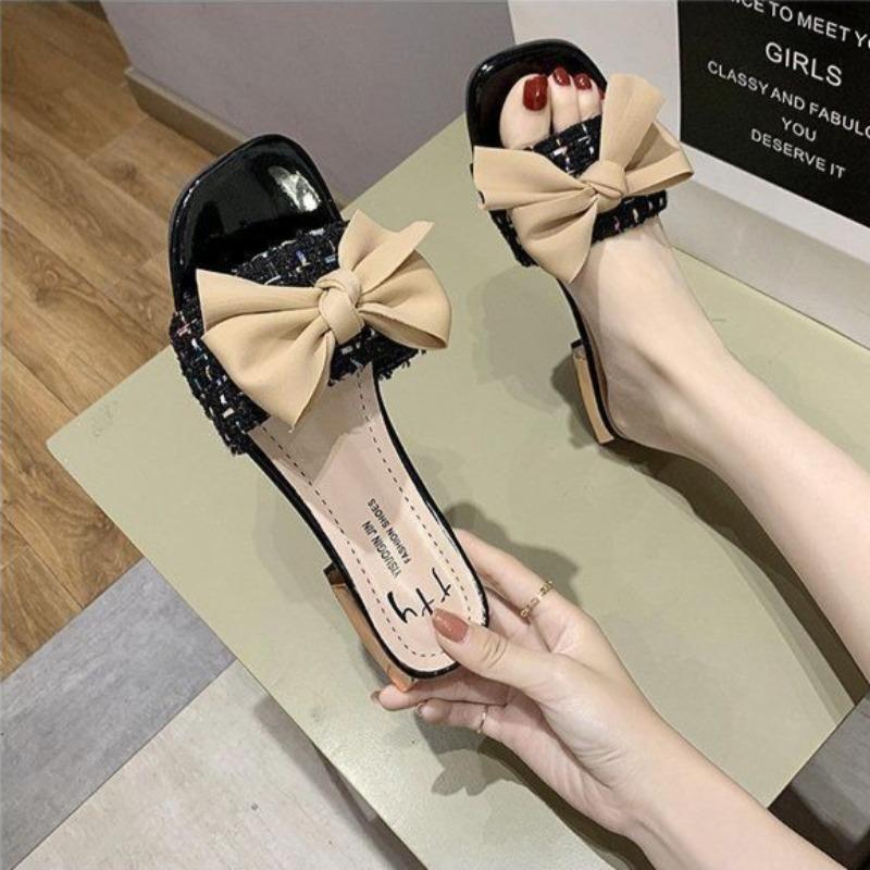Slides with Heel Open Toe Women's Slippers and Ladies Sandals Beige Bow Shoes Designer Luxury 2025 Unique Korea Style Vip 39