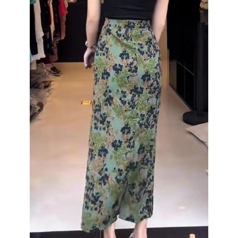 Womens Floral Print High Waist Split Hem Maxi Skirt S зелёный