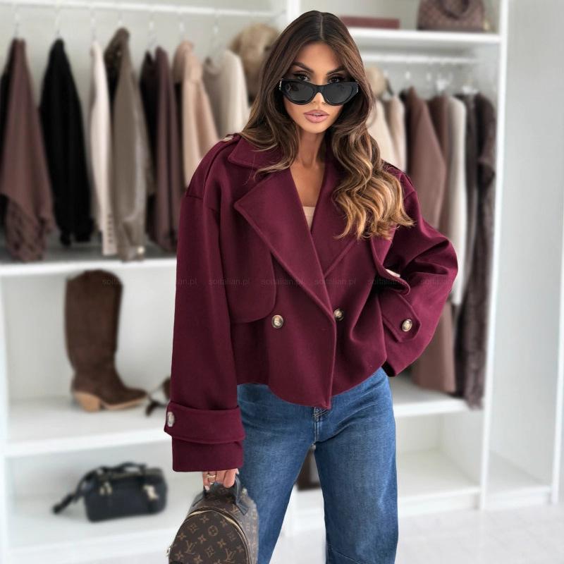New in autumn and winter, solid color simple long-sleeved casual short woolen jacket women's clothing