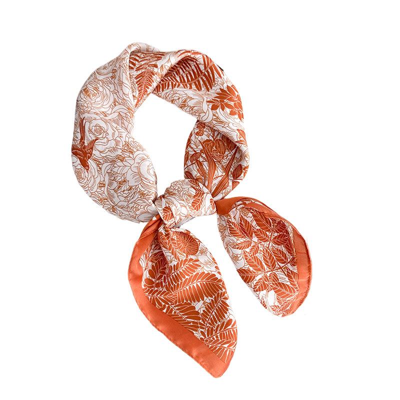 Retro plant flower printing silk scarf, high-end simulation silk 70 small square scarf, gift for girlfriends