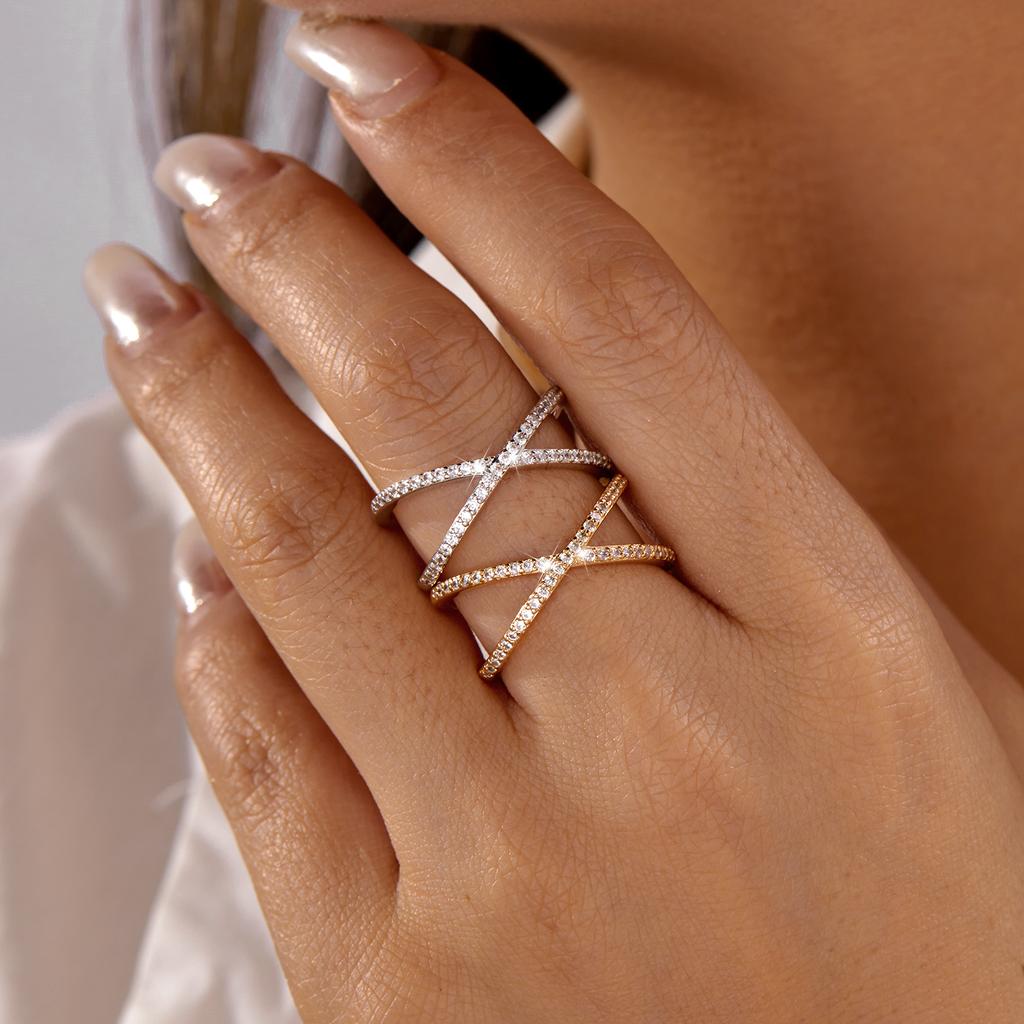 Luxury Cubic Zirconia Geometric Rings For Women Cross X Shape Copper Paved CZ Finger Ring Wedding Party Daily Versatile Jewelry