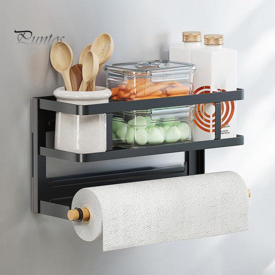 Magnetic Storage Rack with Paper Towel Holder Large Capacity Easy To Install Fridge Spice Shelf Kitchen Organizer with Towel Roll Holder