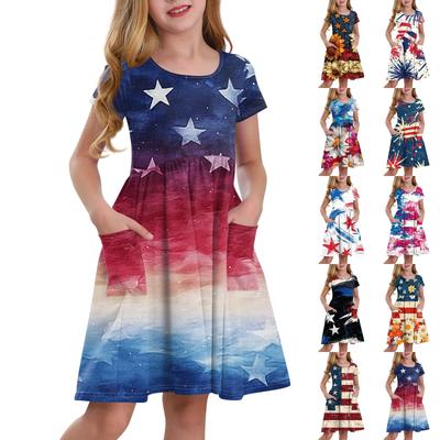 Children's Round-Neck Short-Sleeved Princess Dress Fashionable And Casual Pocket Girl Independence Day Dress