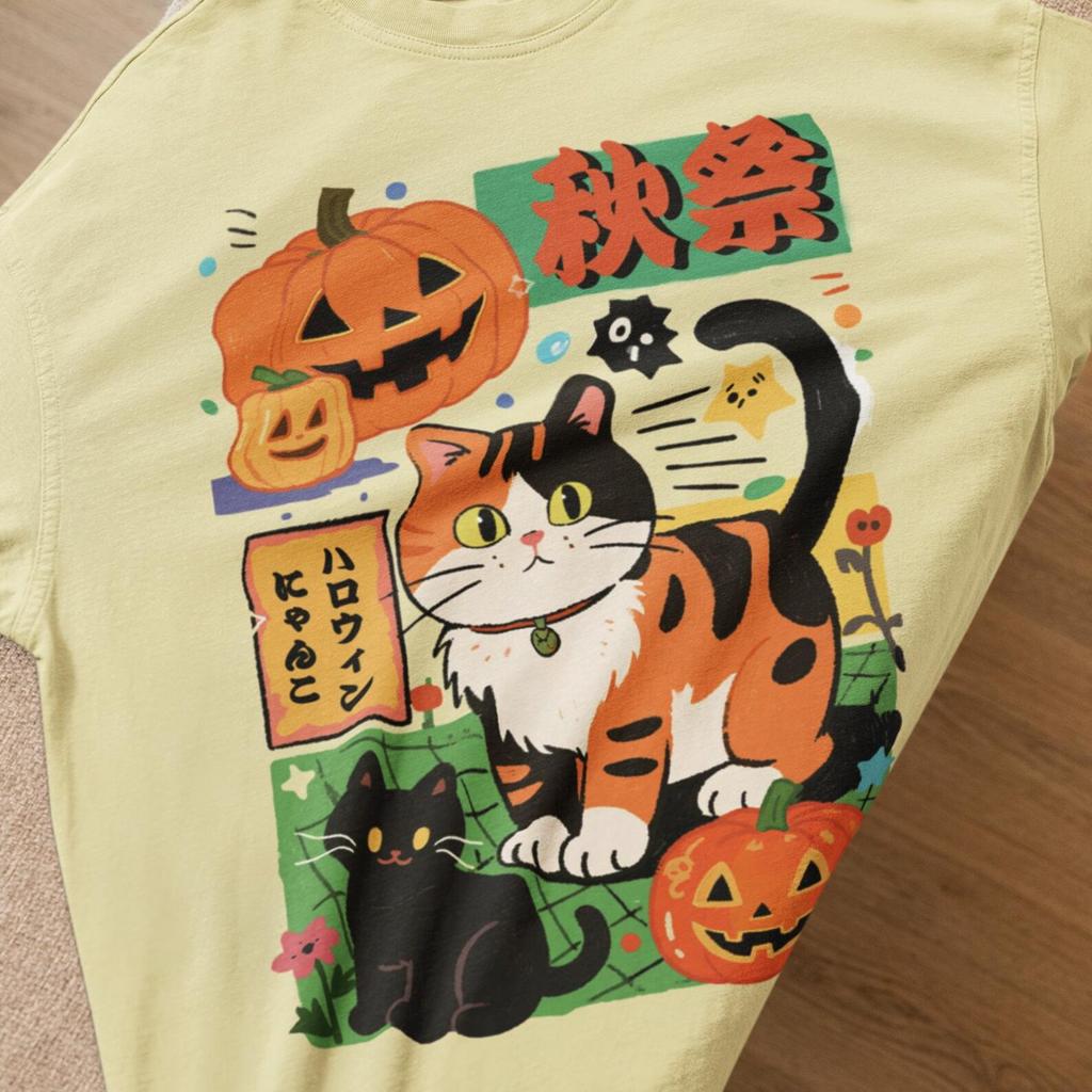 Japanese Cat Pumpkin Autumn Shirt, 90s Anime Tee, Harajuku Japanese Streetwear, Nostalgia shirt, Japanese Aesthetics, Halloween Cat Fall Tee