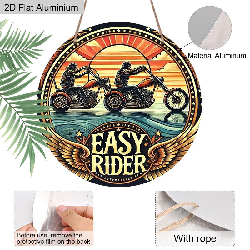 2D Flat Aluminum Retro Easy Rider Motorcycle Metal Sign - Vintage Biker Wall Decor for Man Cave Garage Bar, Round Hanging Ornament - Unique Motorbike