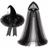 Women's Halloween Witch Hat and Cape Set with Hooded Mesh Cloak for Costume Party