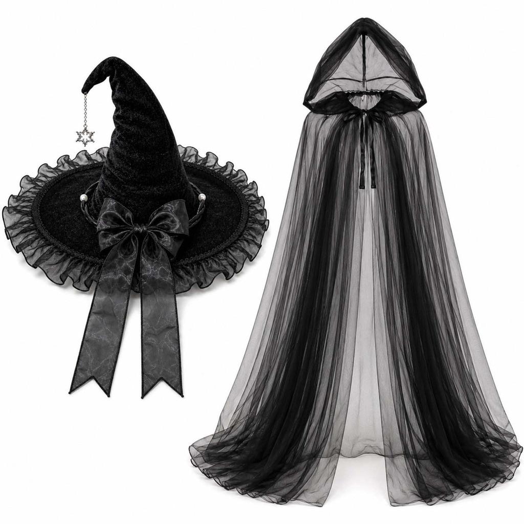 Women's Halloween Witch Hat and Cape Set with Hooded Mesh Cloak for Costume Party