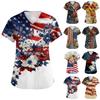 Women's Short-Sleeve Independence Day Print V-Neck Pocket Workwear Top