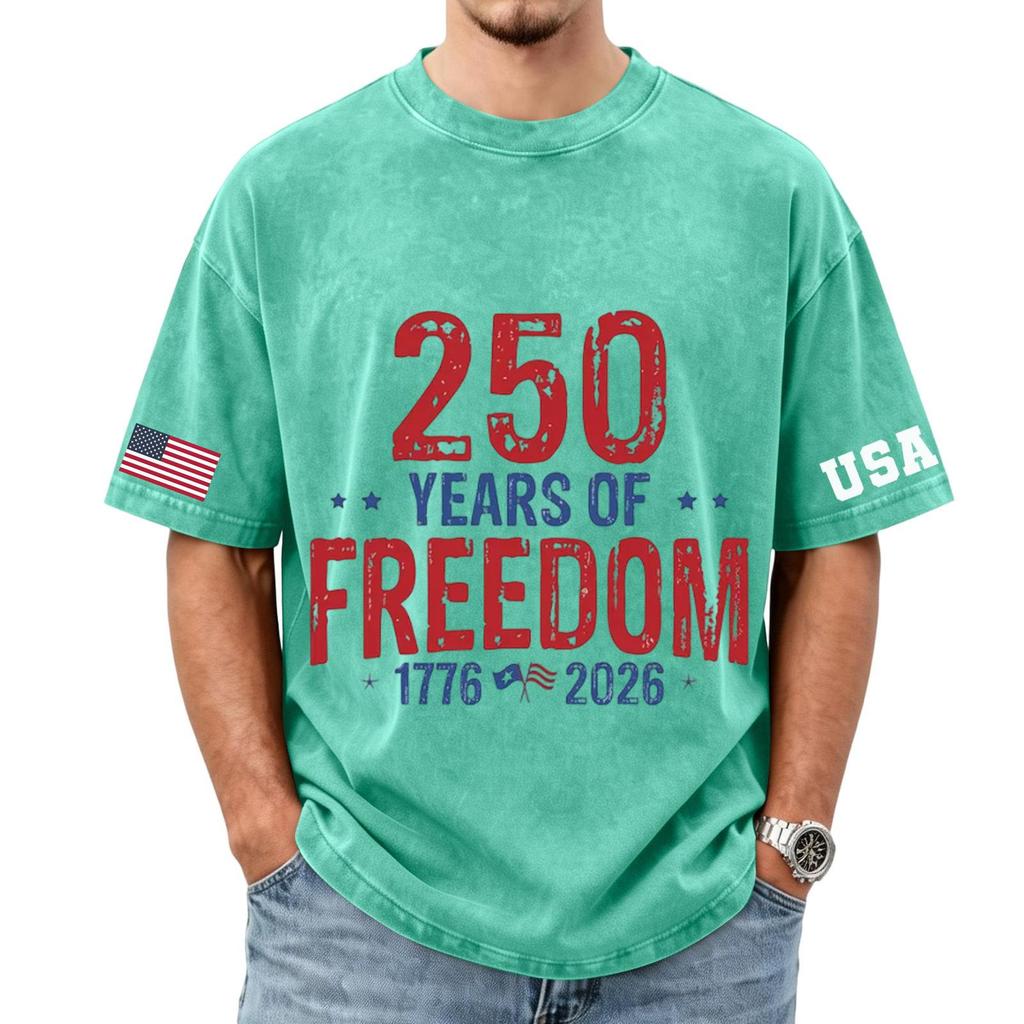 Men's loose and casual flag letter print T-shirt - Men's trendy washed short-sleeved top
