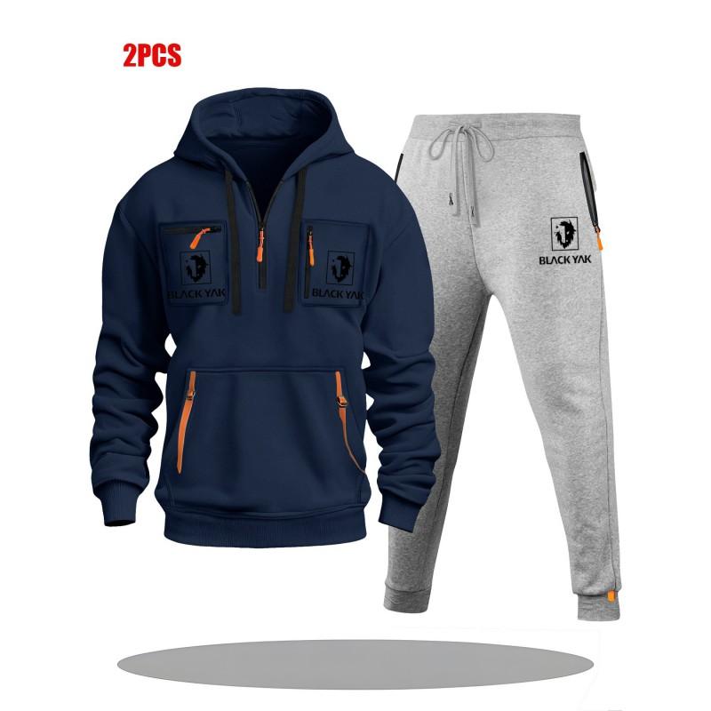 Mens Hoodie Sweatshirt Set Solid Color Multi-Zipper Pockets Casual Wear