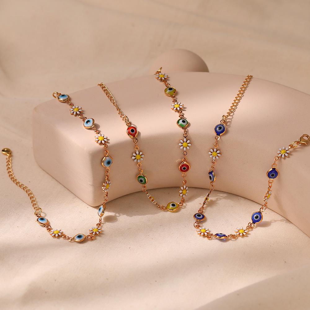 Multicolor Enamel Daisy Eyes Bracelet with Gold-Plated Brass Chain