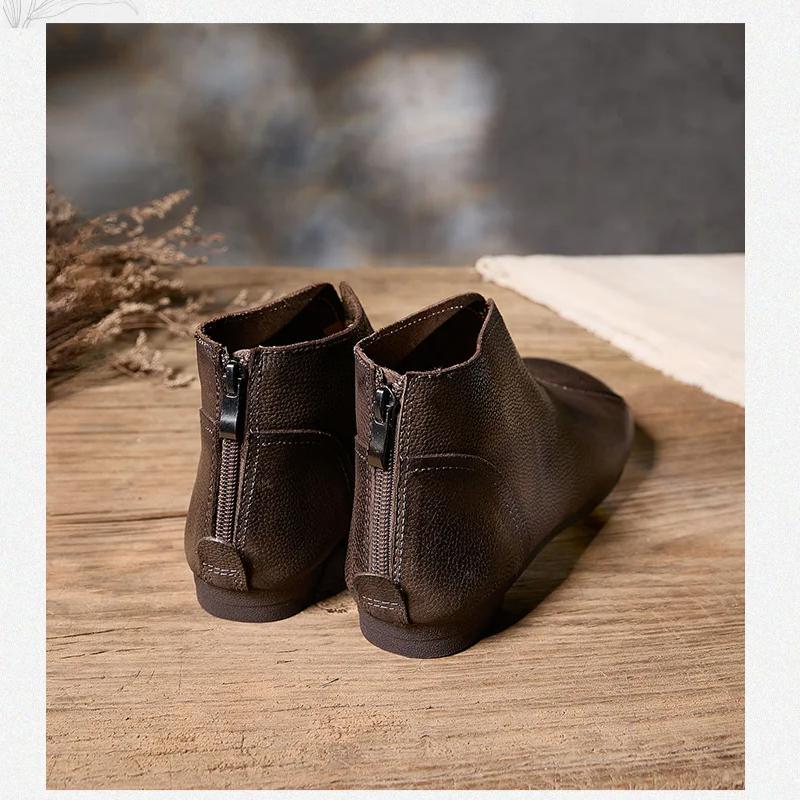 Johnature Bottines plates rétro en cuir véritable à bout rond et semelle souple, chaussures polyvalentes pour femmes