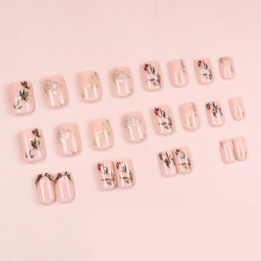 24 Stück Nationaler Stil Akazie Rote Bohne Aufsteck-Nagelkunst Nagel-Folie Nagel-Folie Kurz Frisch Falscher Nagel 24 Stück Aufsteck-Nagel