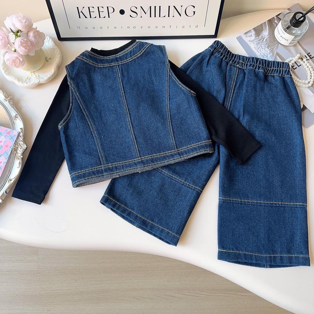 Ensemble Gilet en Denim Rétro pour Filles et Pantalon Large pour Automne/Printemps