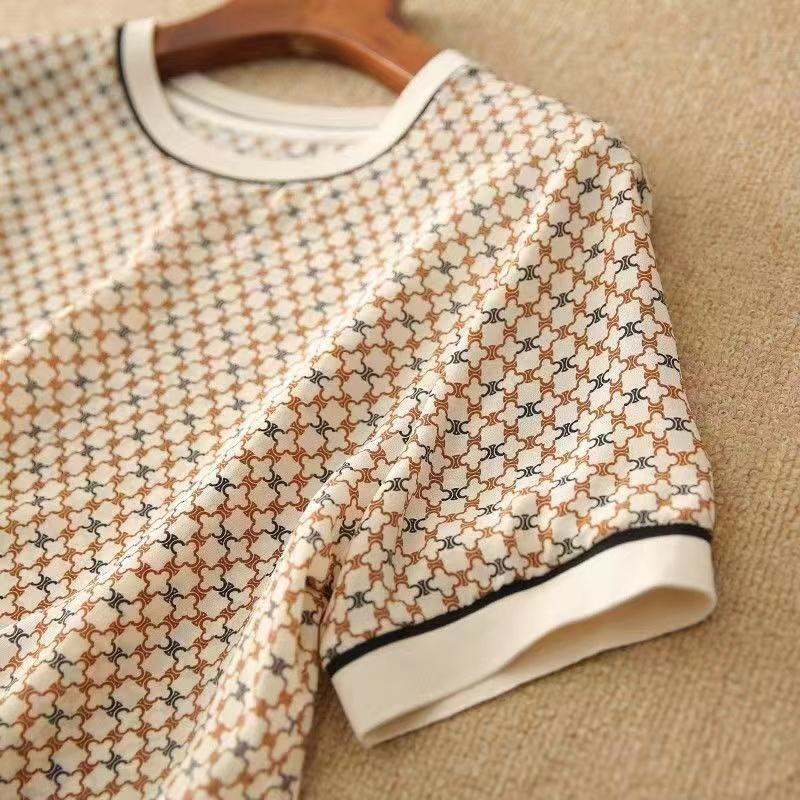 Kurzarm Damen Shirt Vintage Quadratisch Kariertes Oberteile Bedrucktes Eisseidenhemd Sommerbluse Gerippte Elegante Damen Blusen