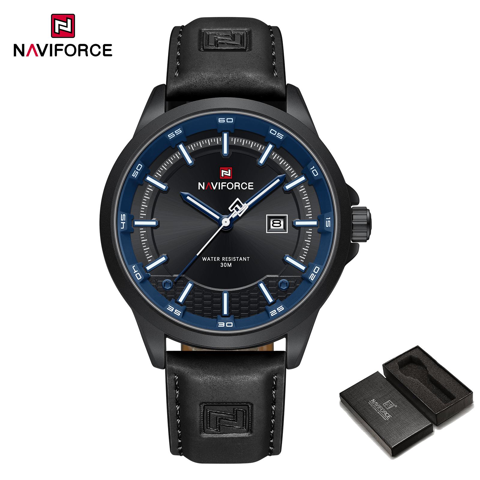 

Оригинальные кварцевые часы NAVIFORCE для мужчин, кожаный ремешок, простой круглый циферблат, люминесцентный календарь, водонепроницаемость 30 м, мужские повседневные часы NF9248L синий/чёрный